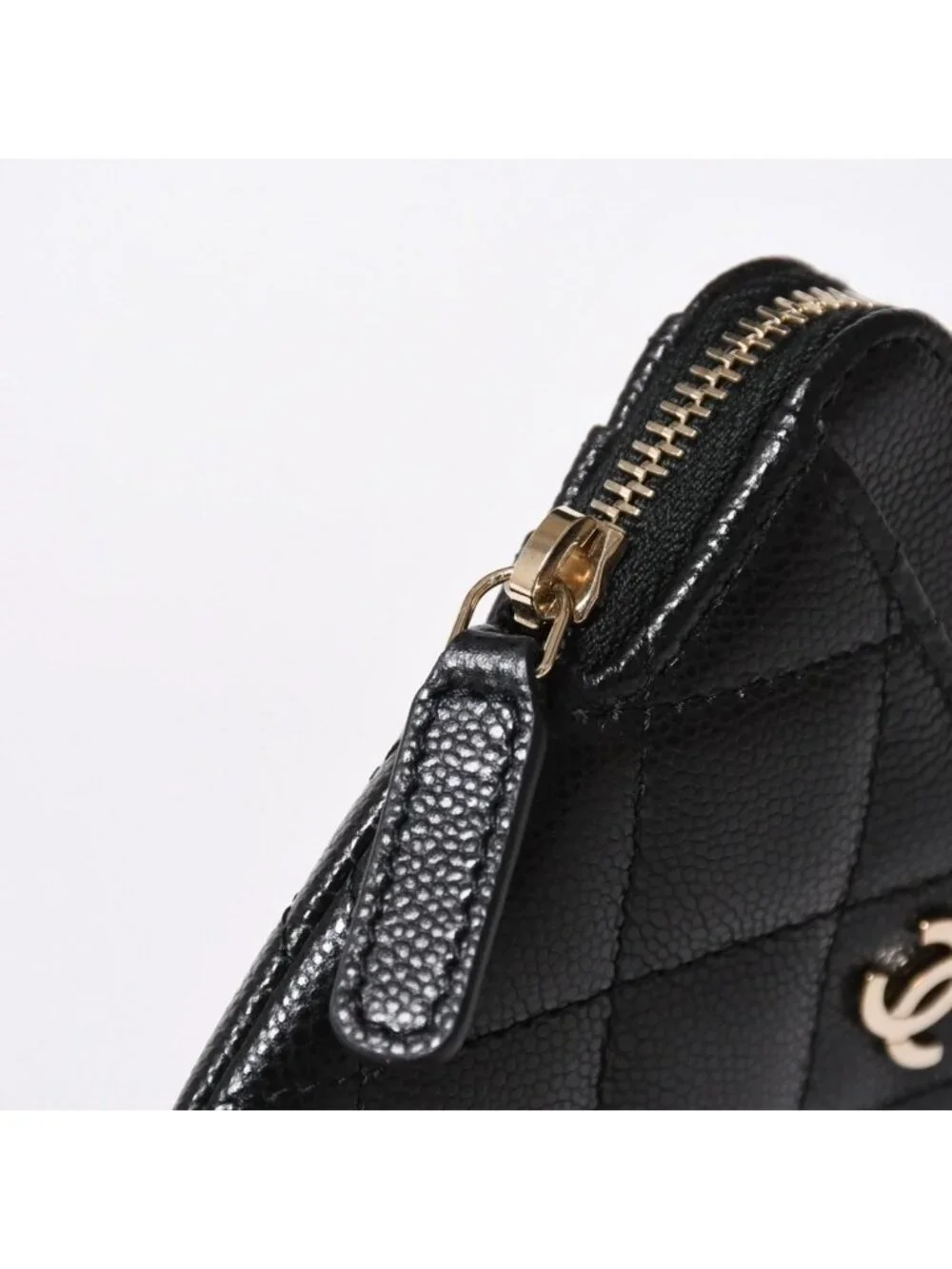 Chanel Classic Zip Coin Purse Stand CC Logo Caviar Leather Black Gold